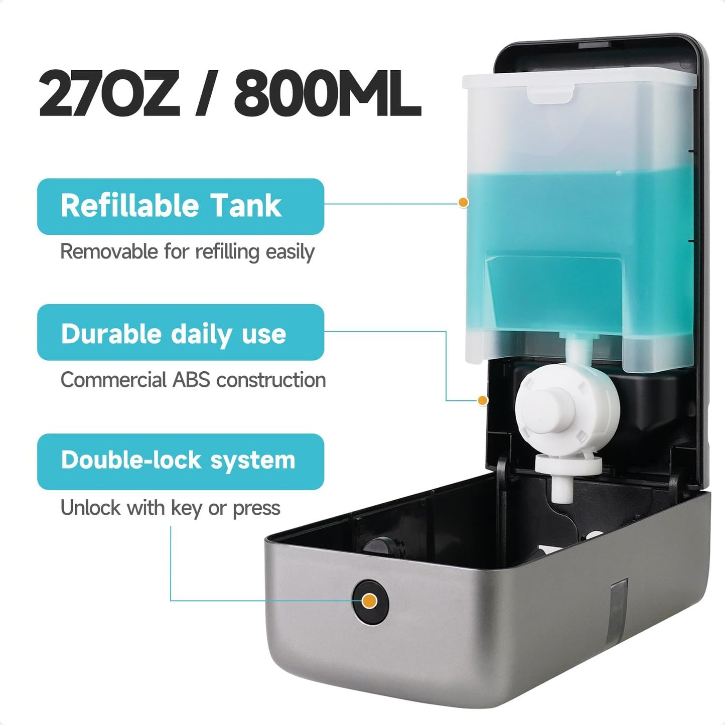 AIKE Wall Mount Liquid Soap Dispenser, 27oz Large Capacity with Extended Pump for Commercial Bathrooms(Silver)