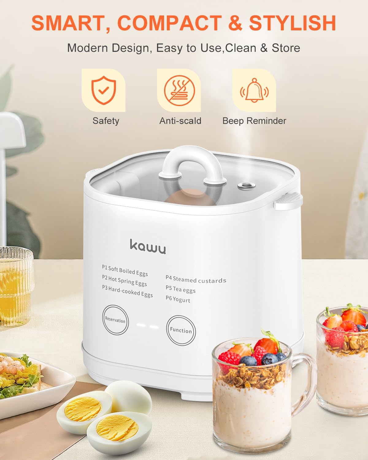 kawu 6-Function Egg Cooker for Hard Boiled Eggs, Egg Boiler with Timer, Egg Cooker for Soft Boiled Egg, Electric Egg Boiler with Auto Shut Off &Alarm, W/Bowl&Rack