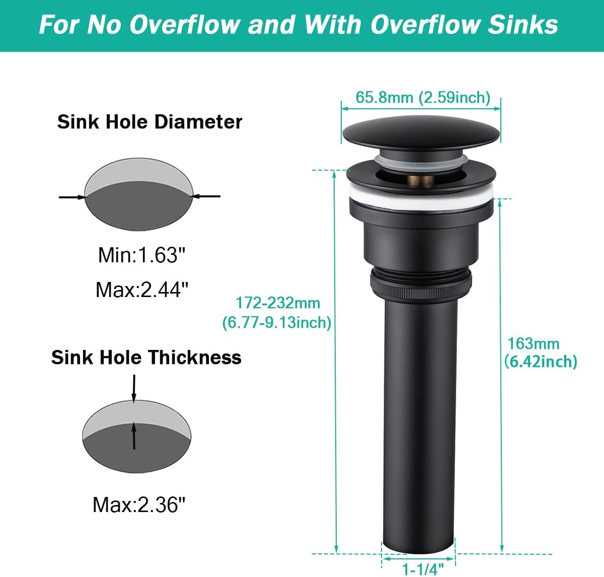 Dual Use Pop Up Drain Stopper, Bathroom Vanity Vessel Sink Stopper, Matte Black, for Basin with or Without Overflow Hole