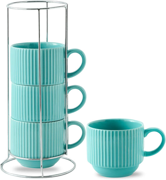 Hasense 15 oz Coffee Mug Set of 4 with Stand - Stackable Large Ceramic Ribbed Latte Cup Set for Cappuccino, Tea, Hot Cocoa, Drinks - Dishwasher & Microwave Safe, Turquoise
