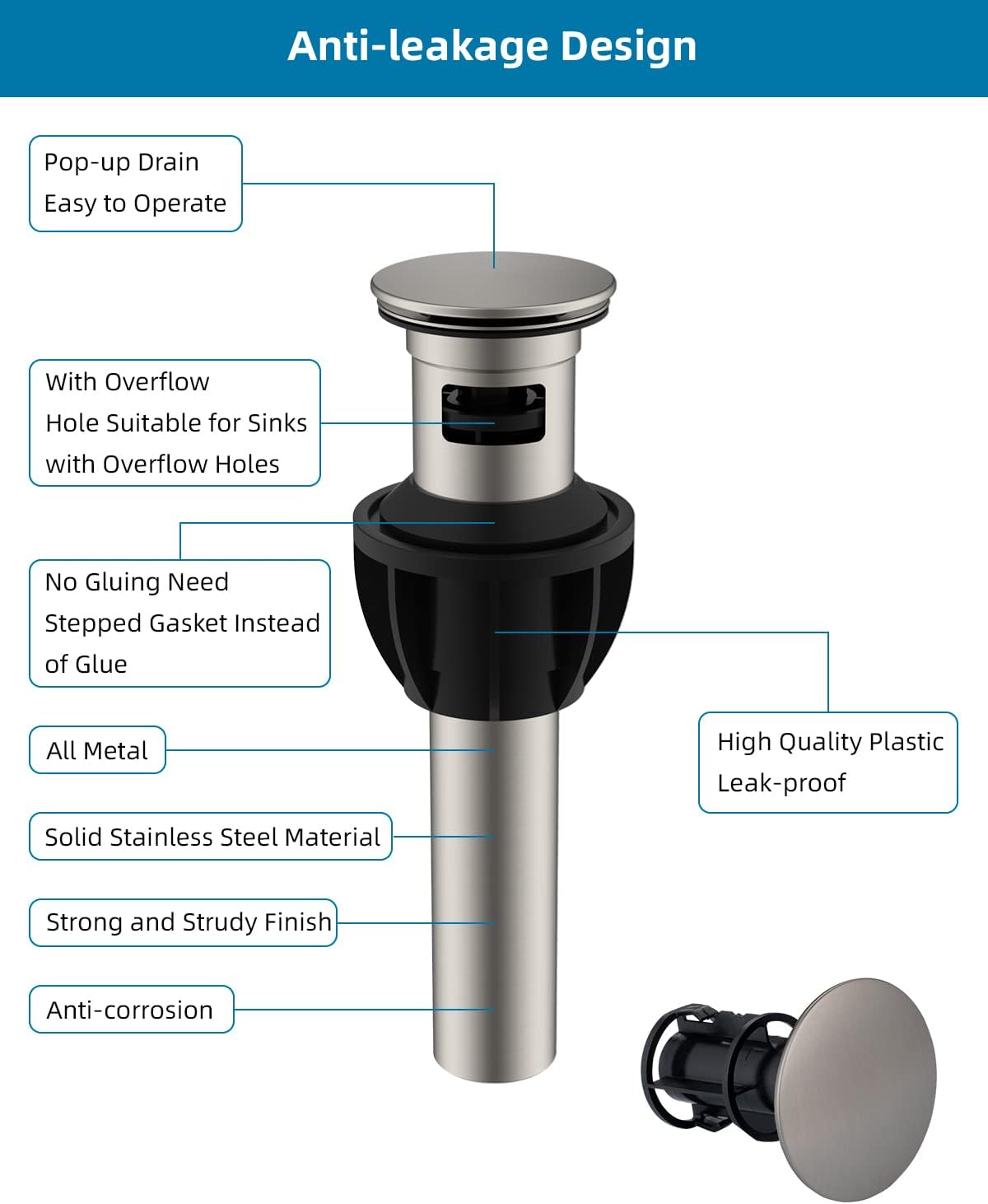 Hibbent 2 Pack Metal Bathroom Sink Drain with Overflow, Push and Seal Pop Up Drain Stopper, Stainless Steel Vessel Lavatory Vanity Sink Drain Stopper, Anti-Clogging Strainer, Brushed Nickel