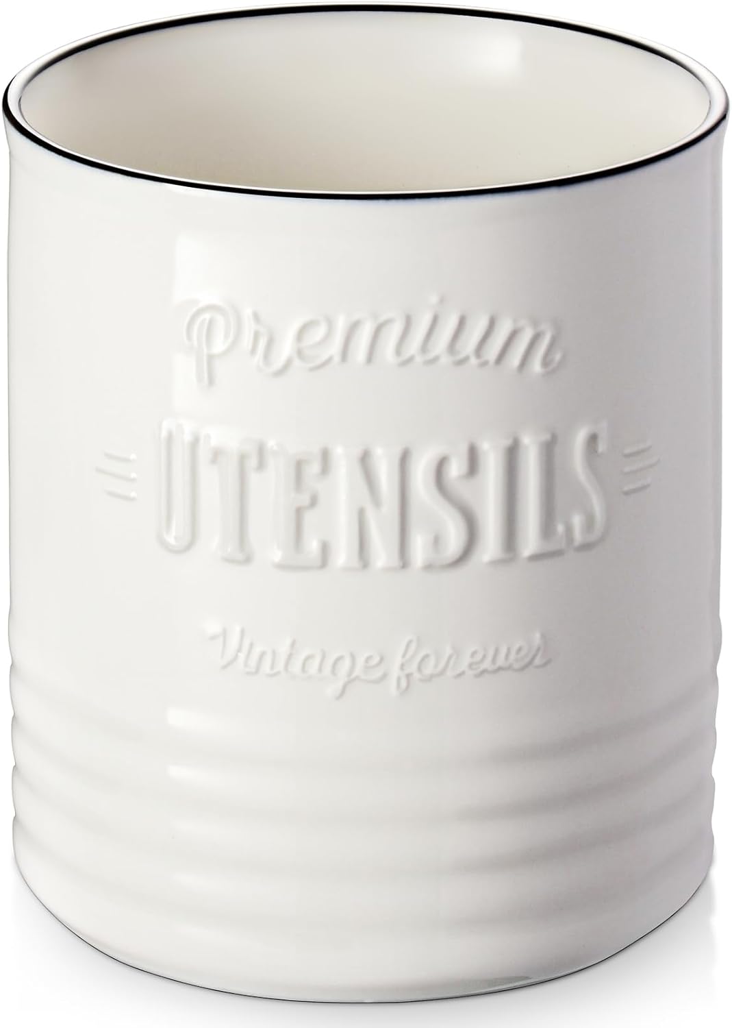 DOWAN 7.2″ Extra Large Kitchen Utensil Holder, Farmhouse Utensil Holder for Countertop, Ceramic Utensil Crock with Protection Cork Mat, Utensil Organizer for Kitchen Decor & Housewarming Gift, White