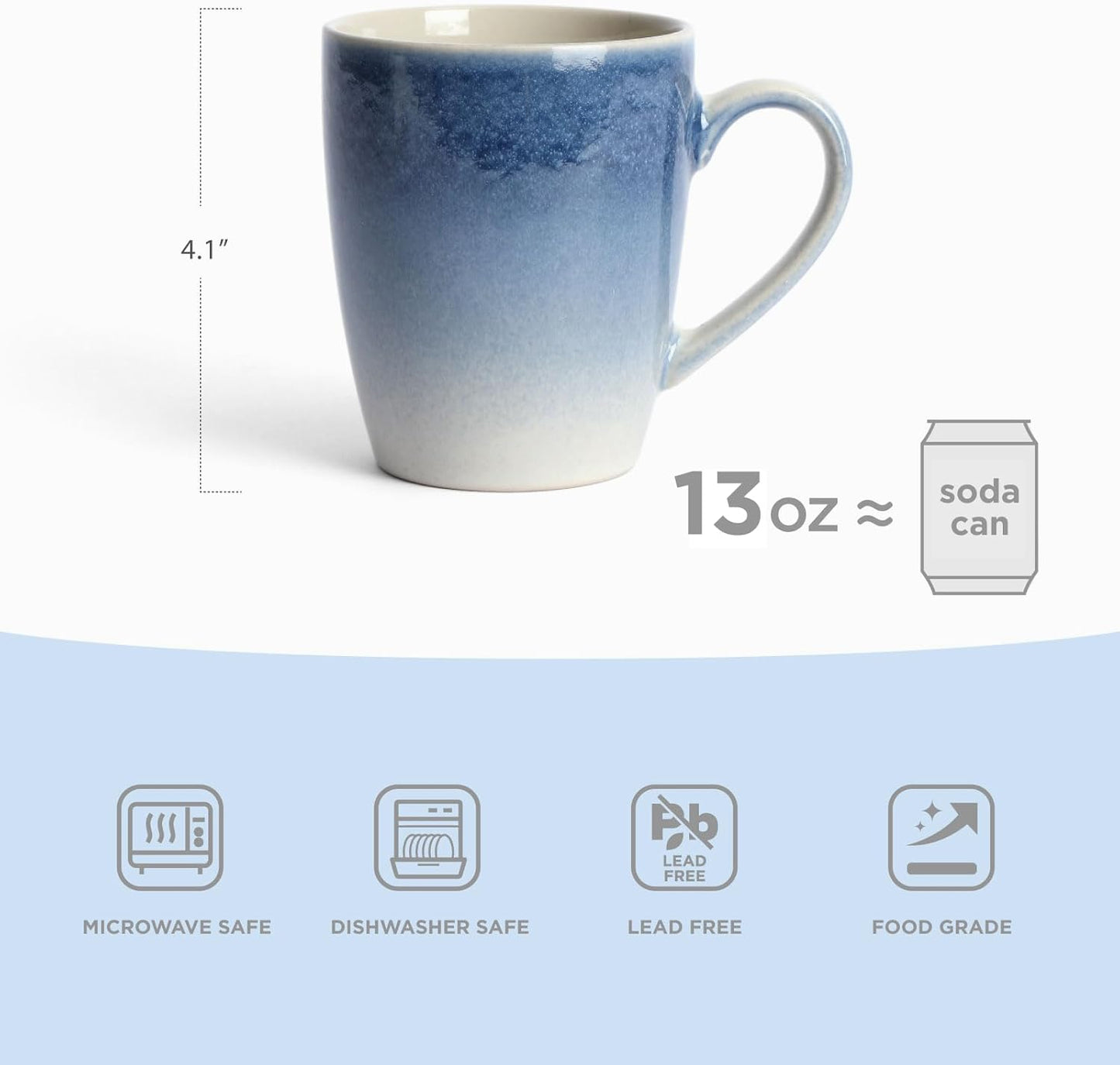 famiware Coffee Mugs Set, 13 oz Mug Set of 4, Stoneware Cups for Latte, Hot Tea, Mocha, Cocoa, Cappuccino, Microwave and Dishwasher Safe, Glacier Series, Azure Blue