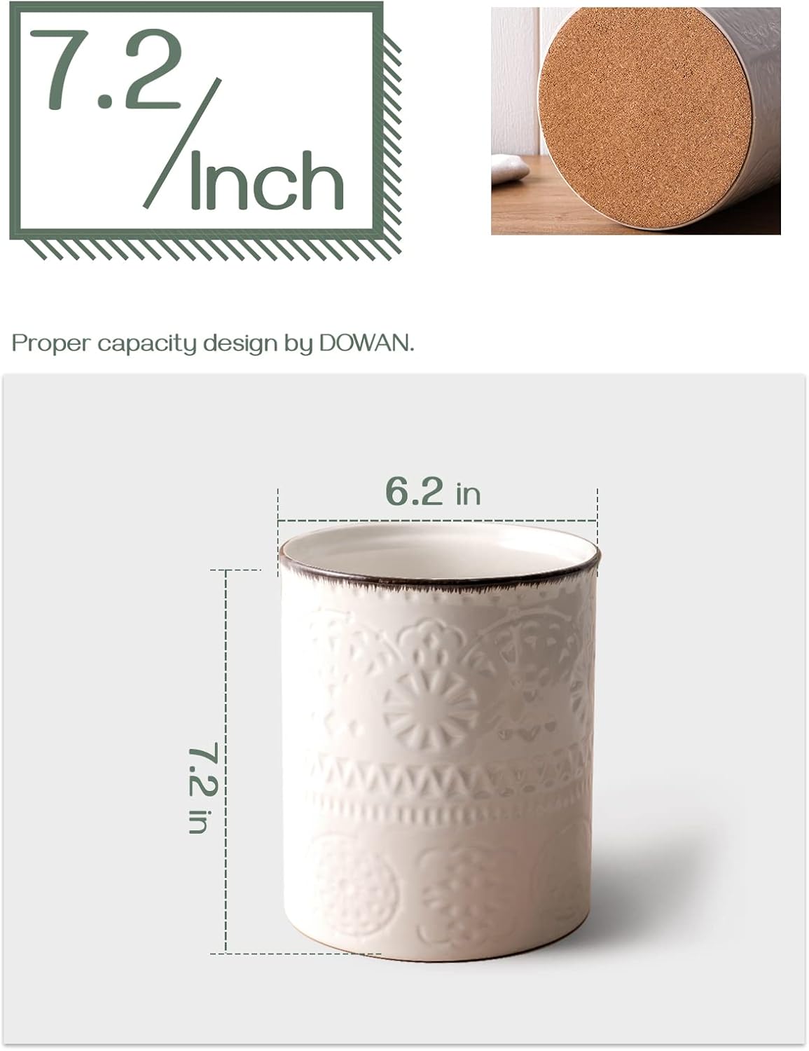 DOWAN 7.2" Kitchen Utensil Holder, Extra Large Farmhouse Utensil Holders for Countertop, Ceramic Utensil Crock, Anti Slip Cork Bottom (White, 7.2 Inch)