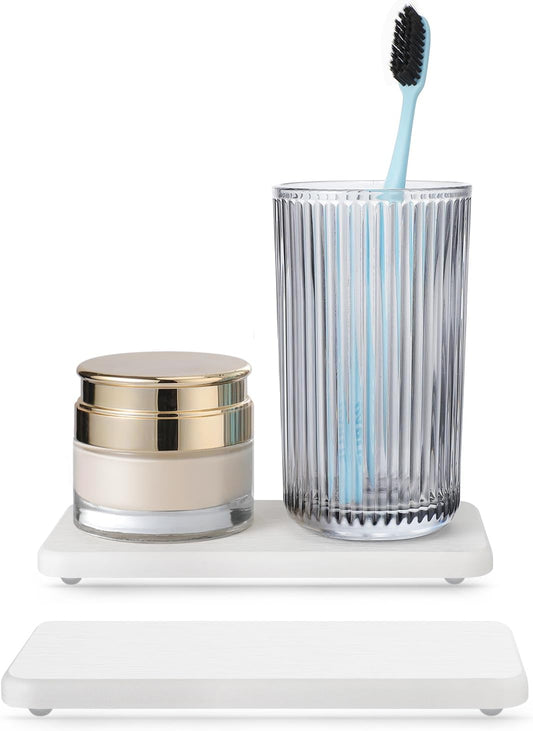 Water Absorbing Stone Tray for Sink | Quick Drying Diatomaceous Earth Coasters | Soap Dish Holder & Toothbrush Holder for Bathroom Counter | Hand Soap & Plant & Toiletries | White 2 Pack