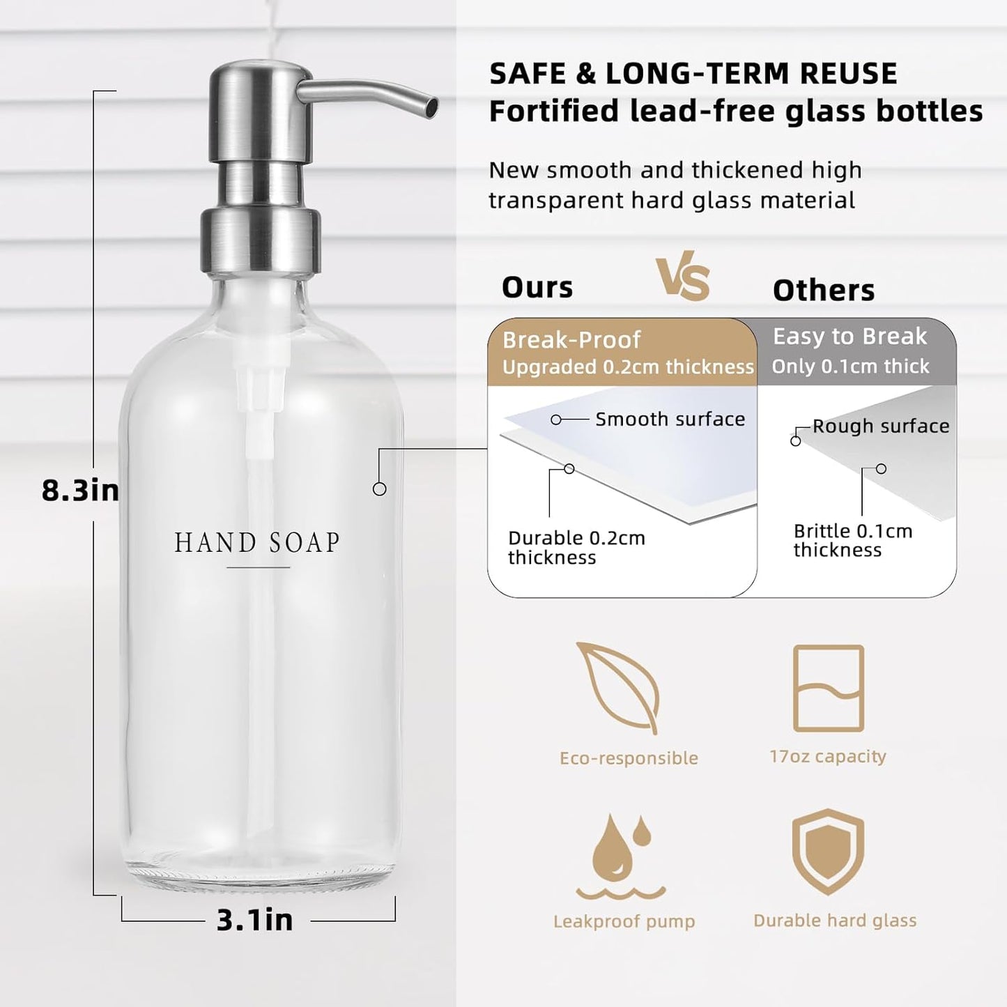 Glass Soap Dispenser - Dish Hand Soap Dispenser Set for Kitchen, Bathroom Soap Lotion Dispenser with 304 Rust Proof Pump, Tray, Clear Bottle/Silver Pump