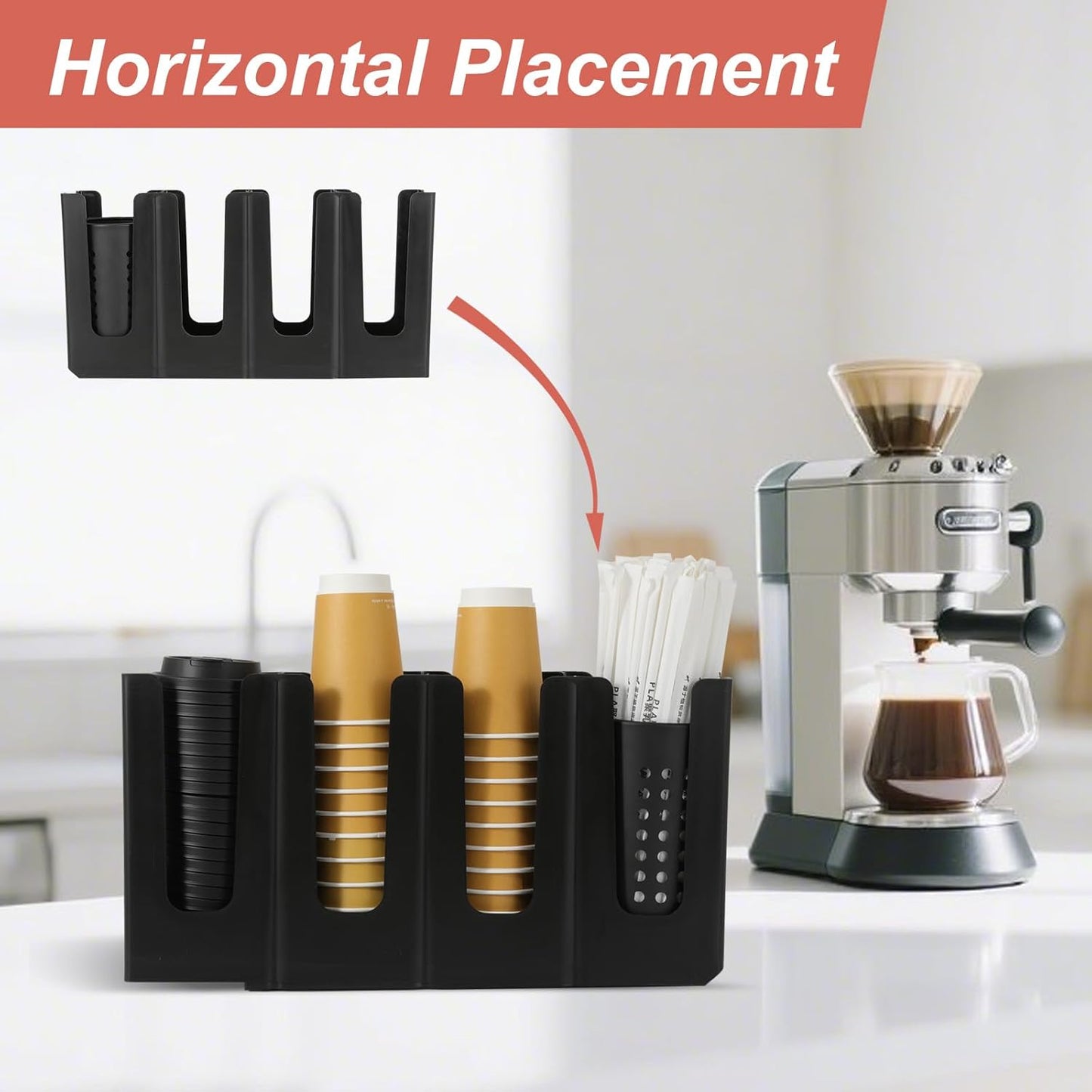 Paper Cup and Lid Holder with Straw Organizer,4 Compartment Adjusting,Coffee Cup Dispenser for Countertop,Coffees Station,Bar Restaurant,Black