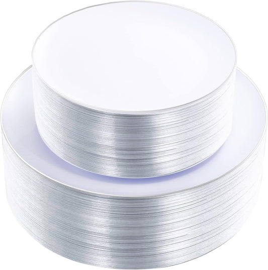 KIRE 100PCS Silver Plastic Plates - Heavy Duty White Disposable Plates with Silver Rim for Party/Wedding - Include 50Pcs 10.25inch Dinner Plates and 50Pcs 7.5inch Dessert Plates
