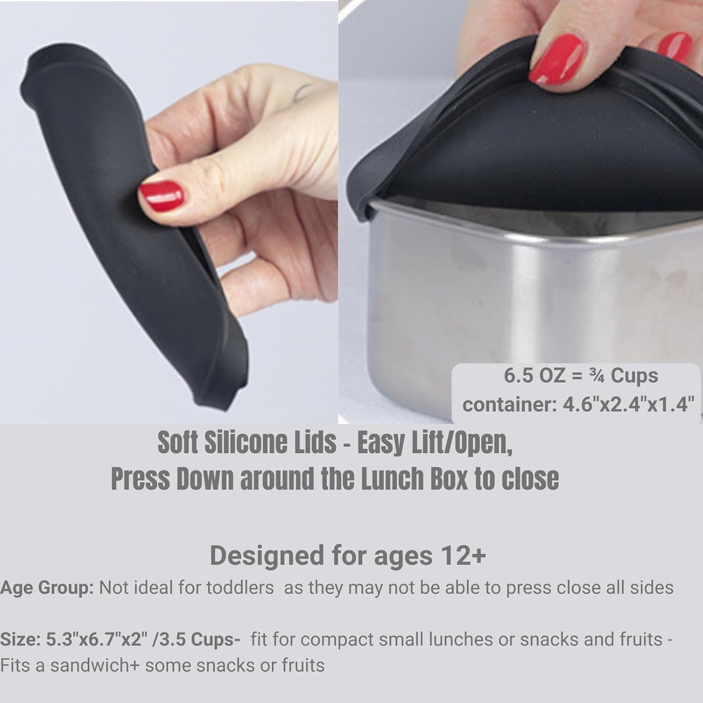 Flexibento - 2 x 6.5 oz | Leak proof | Small Stainless steel Snack Containers with Silicone lids|Dip, snacks, condimenrs | Plastic and BPA free | Metal Lunch box | Black (set of 2)