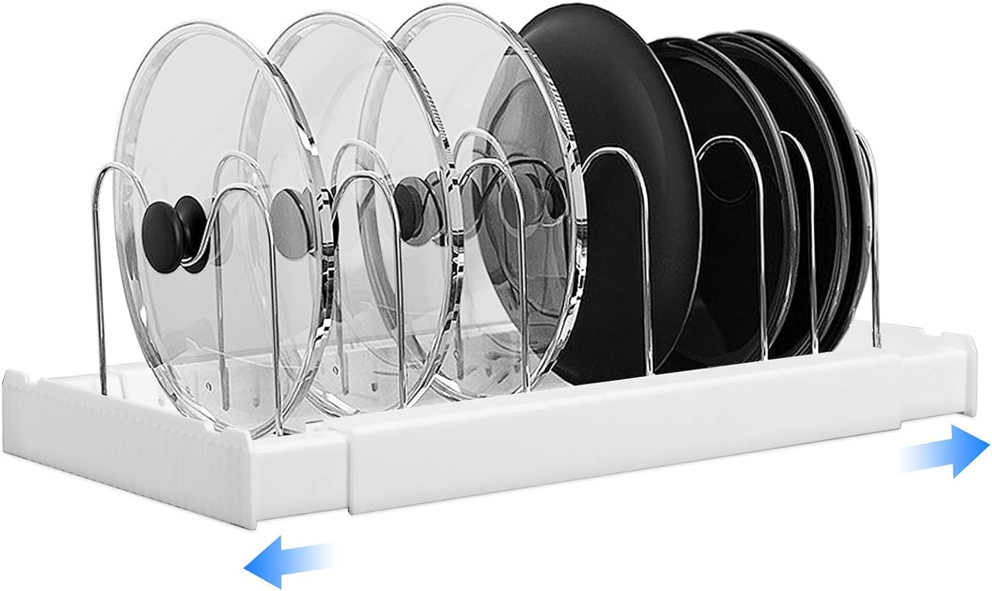 Expandable Pot Storage Rack for Kitchen Cabinets - Under-cabinet pot organizer, in-cabinet pot organizer, 10 adjustable compartments for pot lids, baking trays, cookware