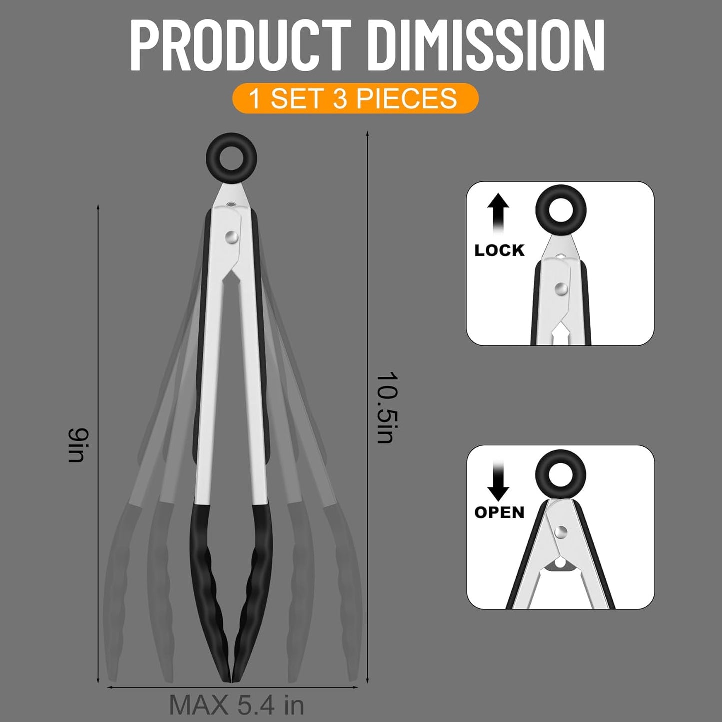 Hotec Silicone Kitchen Tongs for Cooking 9-Inch Serving Tongs with Silicone Tips, Set of 3 (Black)