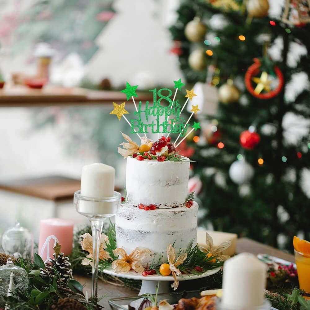 Glittery 18th Happy Birthday Cake Topper with Star,Personalised 18 Birthday Cake Toppers Party Decorations Party Supplies for Boys Girls Green Gold