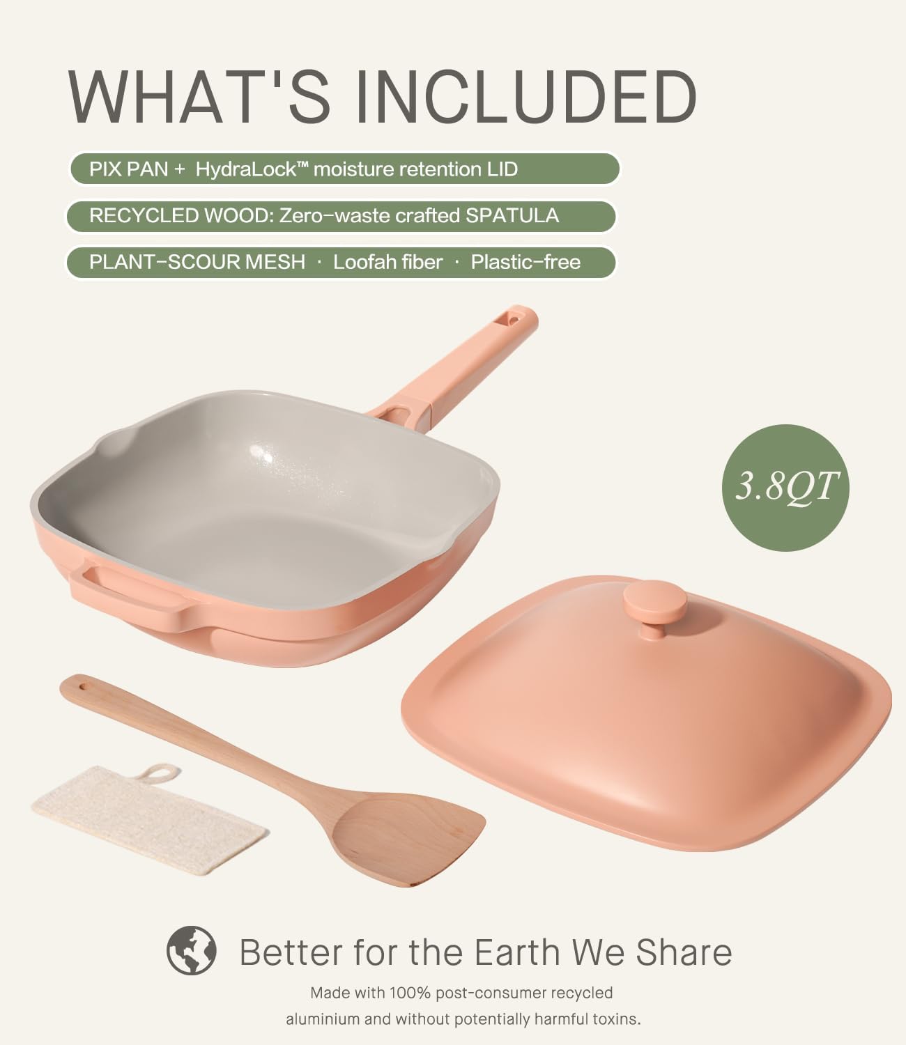 10.5 Inch(3.8QT) Deep Frying Pan,Non Stick Frying Pans Cast Aluminum,Ti-Ceramic Non Toxic Pix Pan with Lid,Natural Wooden Spatula and Loofah Scrubber-Desert Clay