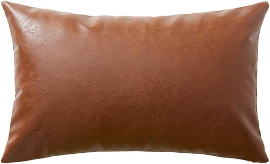 Fancy Homi Brown Boho Lumbar Faux Leather Decorative Throw Pillow Covers 14x24 Inch for Living Room Couch Bed Sofa, Solid Rectangle Cushion Case 35x60 cm, Rustic Modern Farmhouse Home Decor