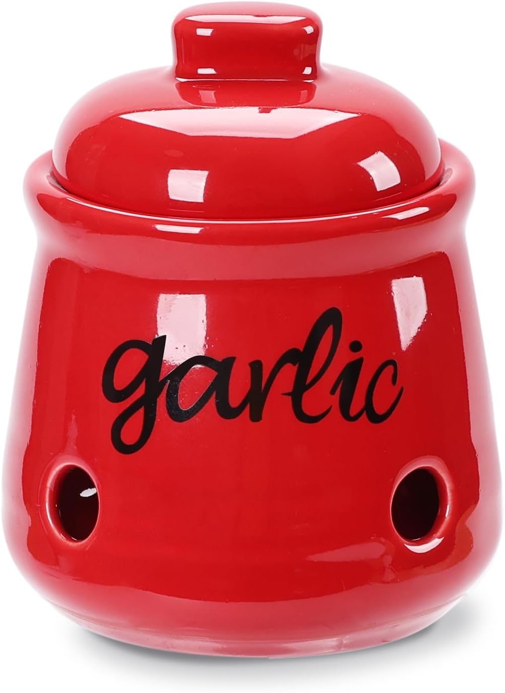 HAOTOP Garlic Keeper with Lid, Ceramic Mini Garlic Saver Container for Countertop, Farmhouse Kitchen Decor (Red)