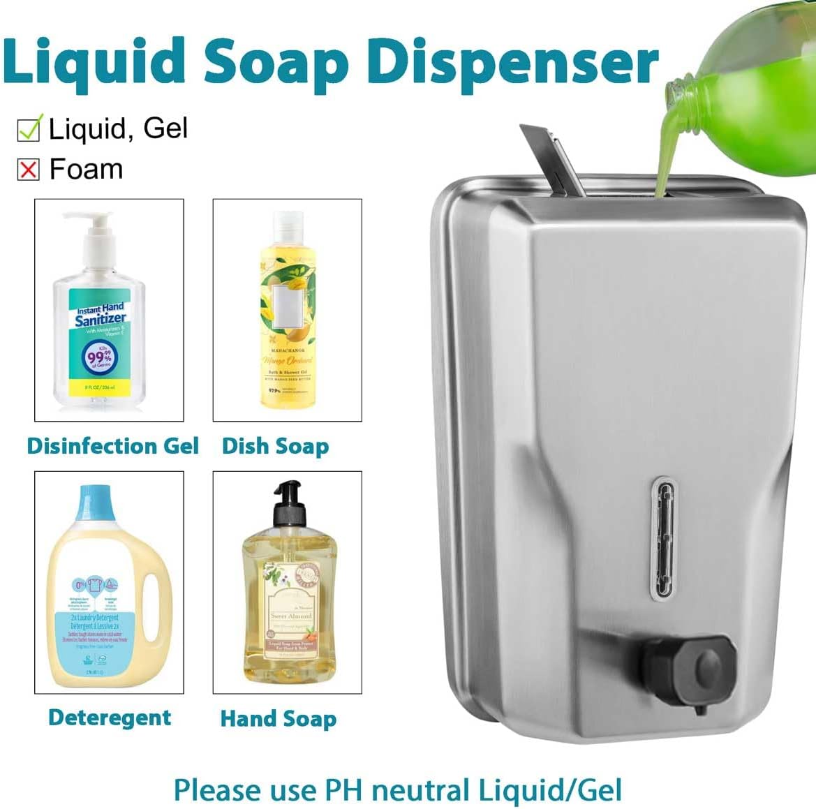 Commercial Stainless Steel Soap Dispenser – 47.3oz Large Capacity Wall Mount, Anti-Leak Pump, SUS304 Brushed Metal for High-Traffic Restrooms