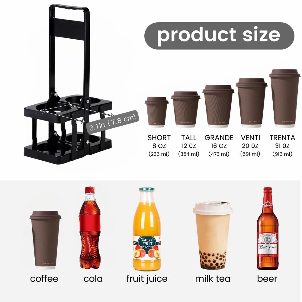 Bodaon 2 Cup Drink Carrier with Handle, Plastic Cup Carriers for Drinks, Drink Holder for Car, GrubHub/Eats Doordash Accessories, Portable Foldable Reusable Mobile, Use for Food Delivery Bag, Black