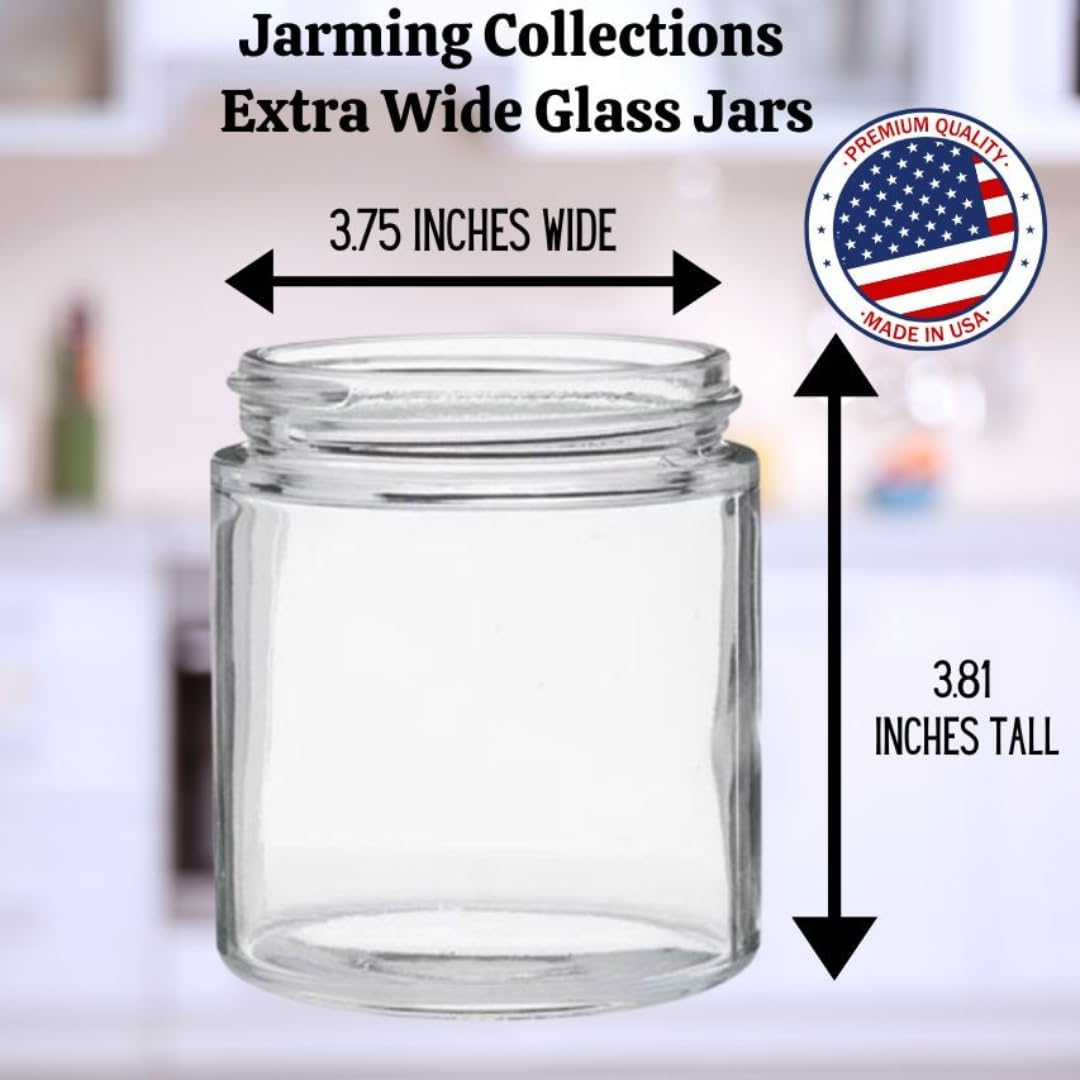 JARMING COLLECTIONS Mason Jars - 16 oz Glass Extra Wide Mouth Pint Storage Jars with White Plastic Lids - Made in USA (6 pack)