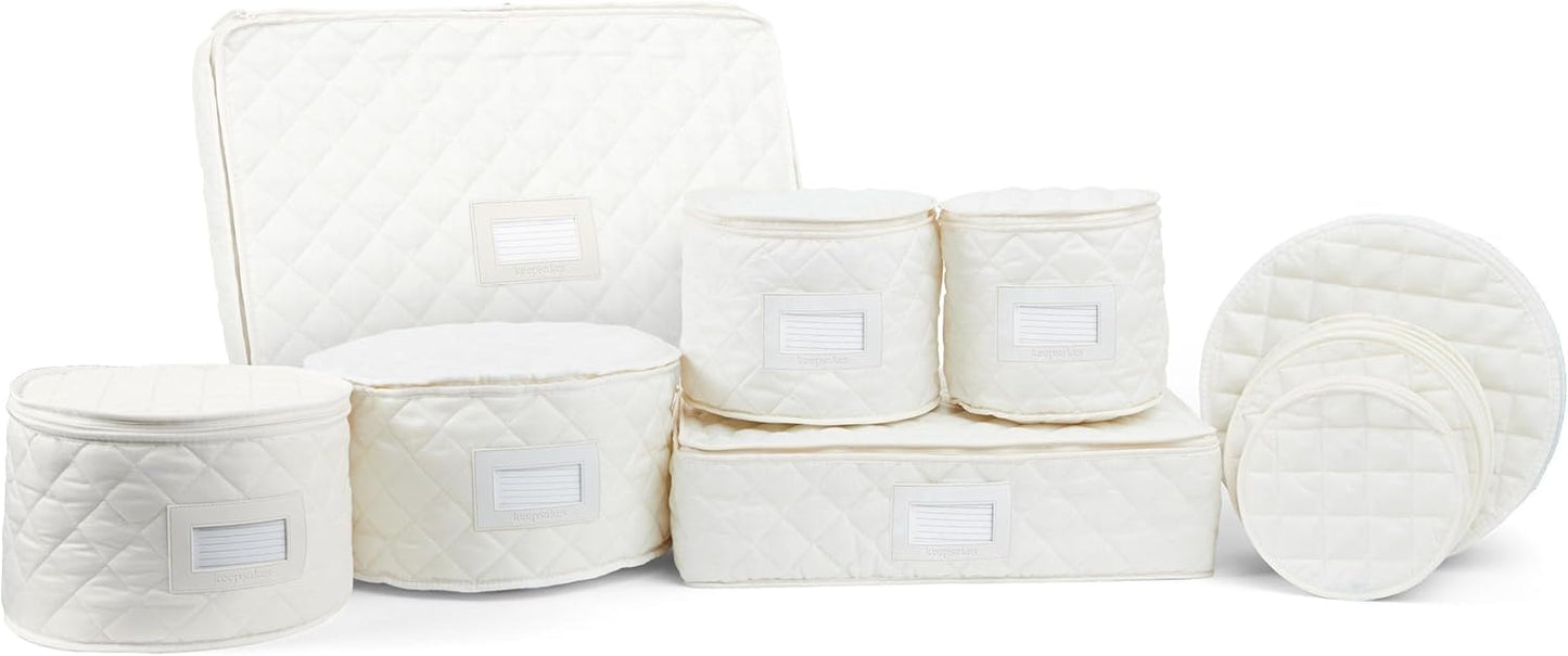 Covermates Keepsakes - Dish Storage Set - Padded Protection - ID Window - Stain Resistant - Machine Washable - China Storage, Cream