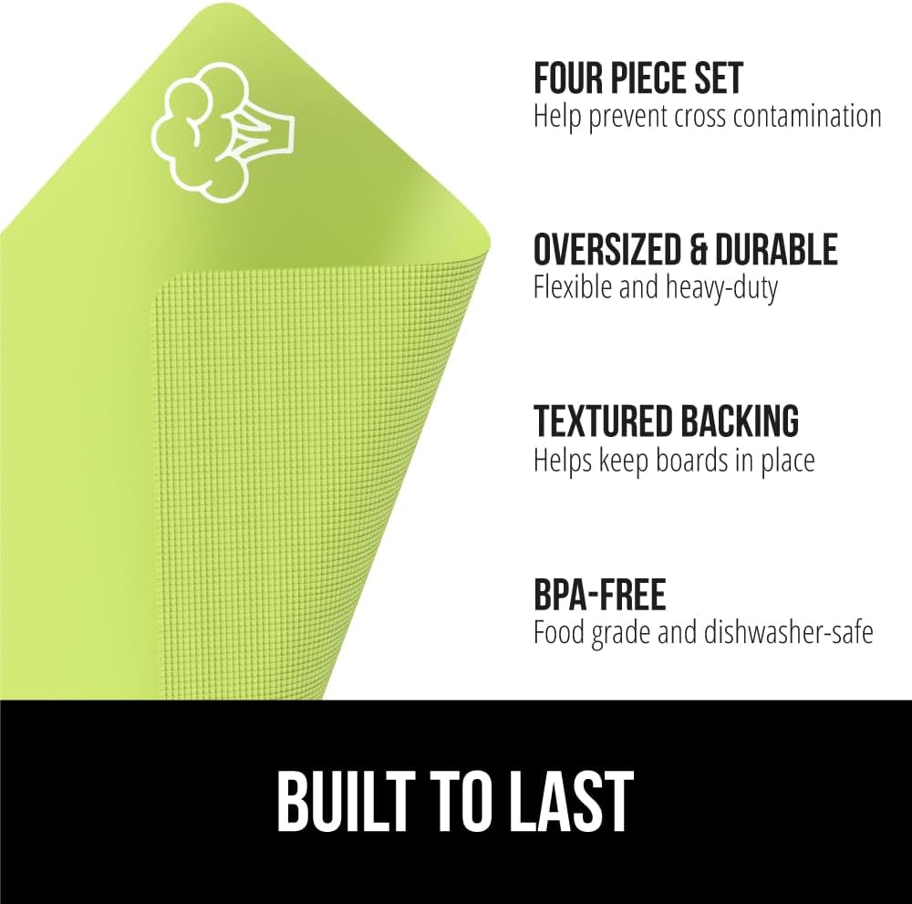 GORILLA GRIP 100% BPA-Free Flexible Cutting Board Set of 5, Durable Plastic Mats with Food Icons for Meal Prepping, Large and Mini Kitchen Chopping Mat, Use for Meat Fish Vegetables Fruit, Multicolor