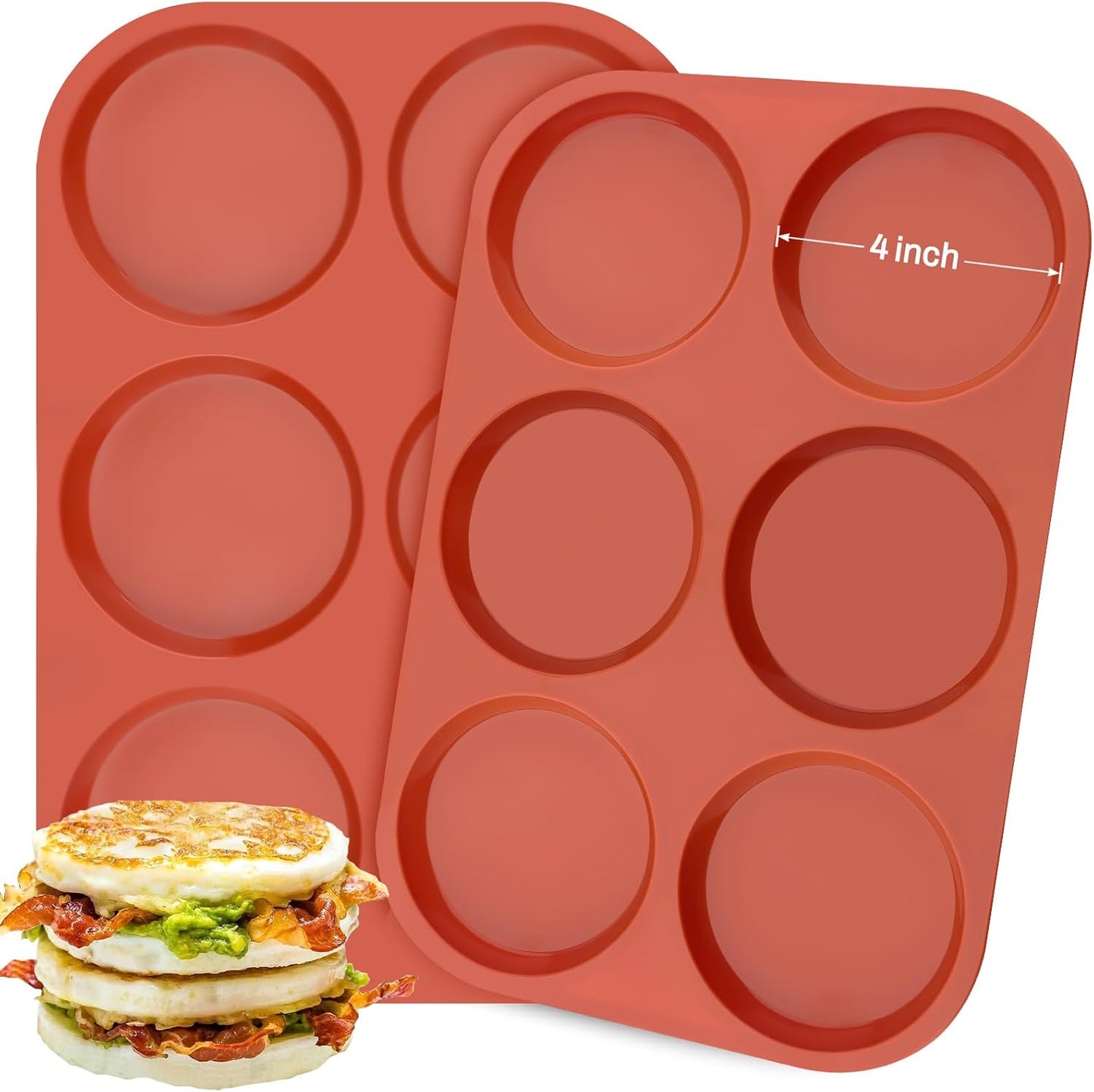 Ocmoiy 4 Inch Silicone Egg Mold for Breakfast Sandwiches, 2 Pack Non-Stick Silicone Jumbo Muffin Top/Hamburger Bun Pan Eggs Bites Molds for Oven Baking Egg Patty, Pancake, Frittata