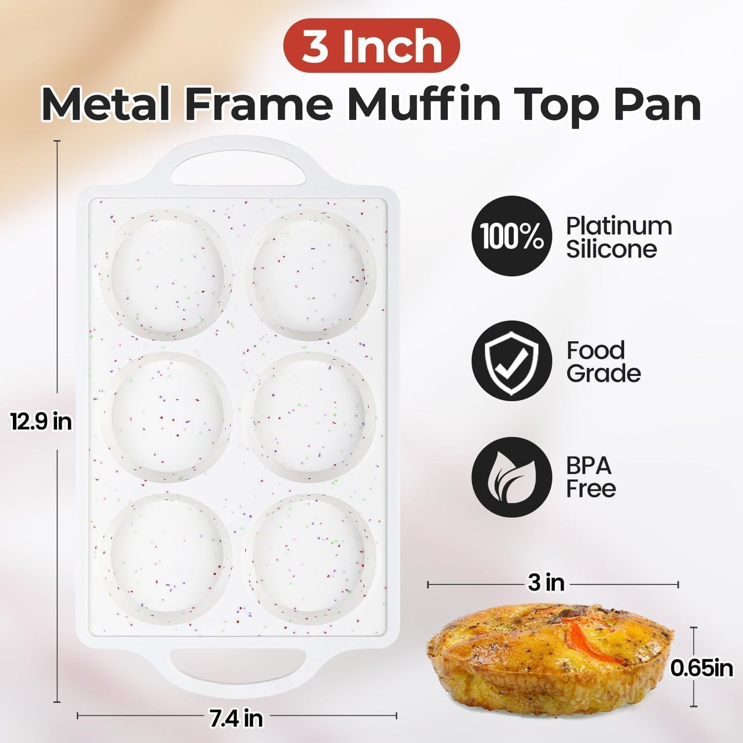 Muffin Top Pan with Metal Reinforced Frame, Silicone Egg Molds for Breakfast Sandwiches 3 Inch Round Baking Pan for Oven English Muffins, Whoopie Pies, Corn Bread, Egg Bites, Tarts 3 Pack Confetti