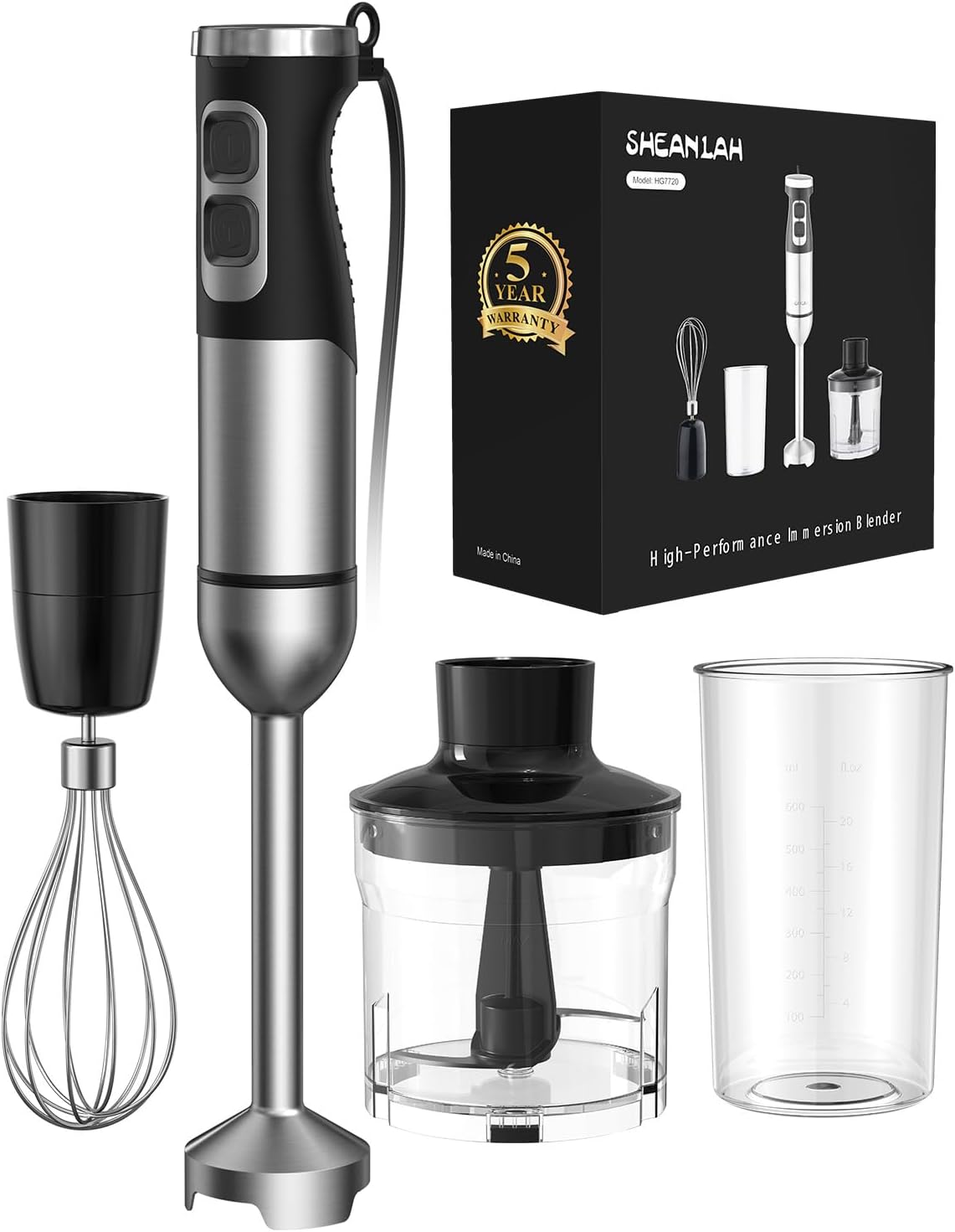1000W Powerful Immersion Blender Handheld, 2025 New Update Hand Blender with 25-Speed and Heavy-Duty Copper Motor, 4 in 1 Hand Mixer with Chopper, Whisk, Beaker and Wand Silver