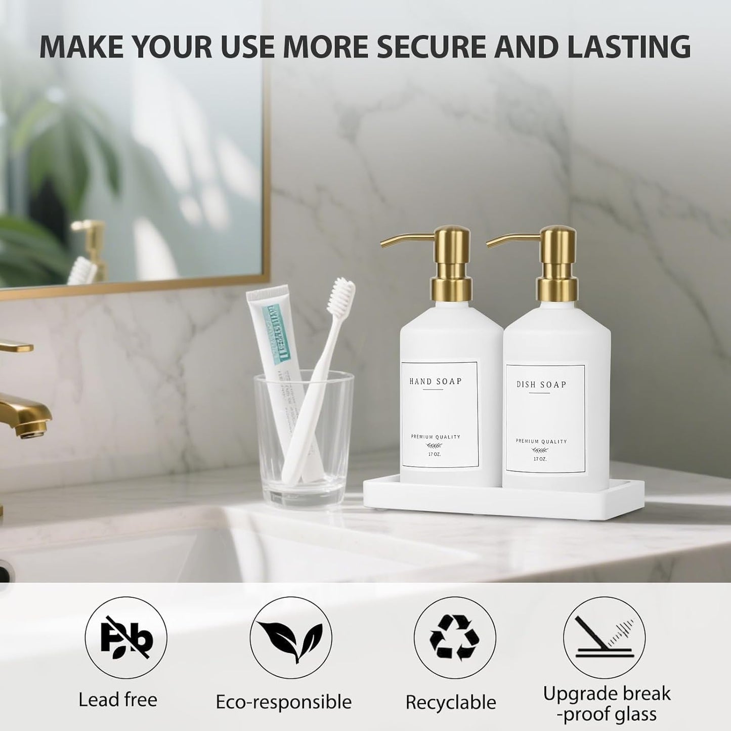 Gold Soap Dispenser Set, Glass Hand and Dish Soap Dispenser Set with Tray,Stainless Pump,14 Stickers for Kitchen,Bathroom Soap and Lotion Dispenser,Modern Counter Decor (White Bottle/Gold Pump)