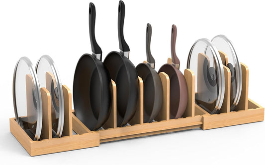 Expandable Pot Lid Organizer with 8 Removable Dividers, Bamboo Pot and Pan Organizer for Kitchen Counter or Cabinet
