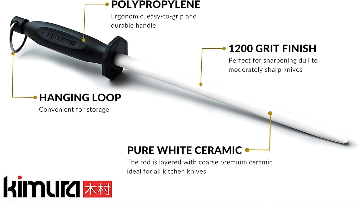 Kimura Professional Ceramic Honing Rod, 10 inch Honing Steel, Ceramic Knife Sharpener, 1200 Grit Finish, Ergonomic & Balanced Polypropylene Handle, Ideal for All Chef Knives, Japanese Gift Box