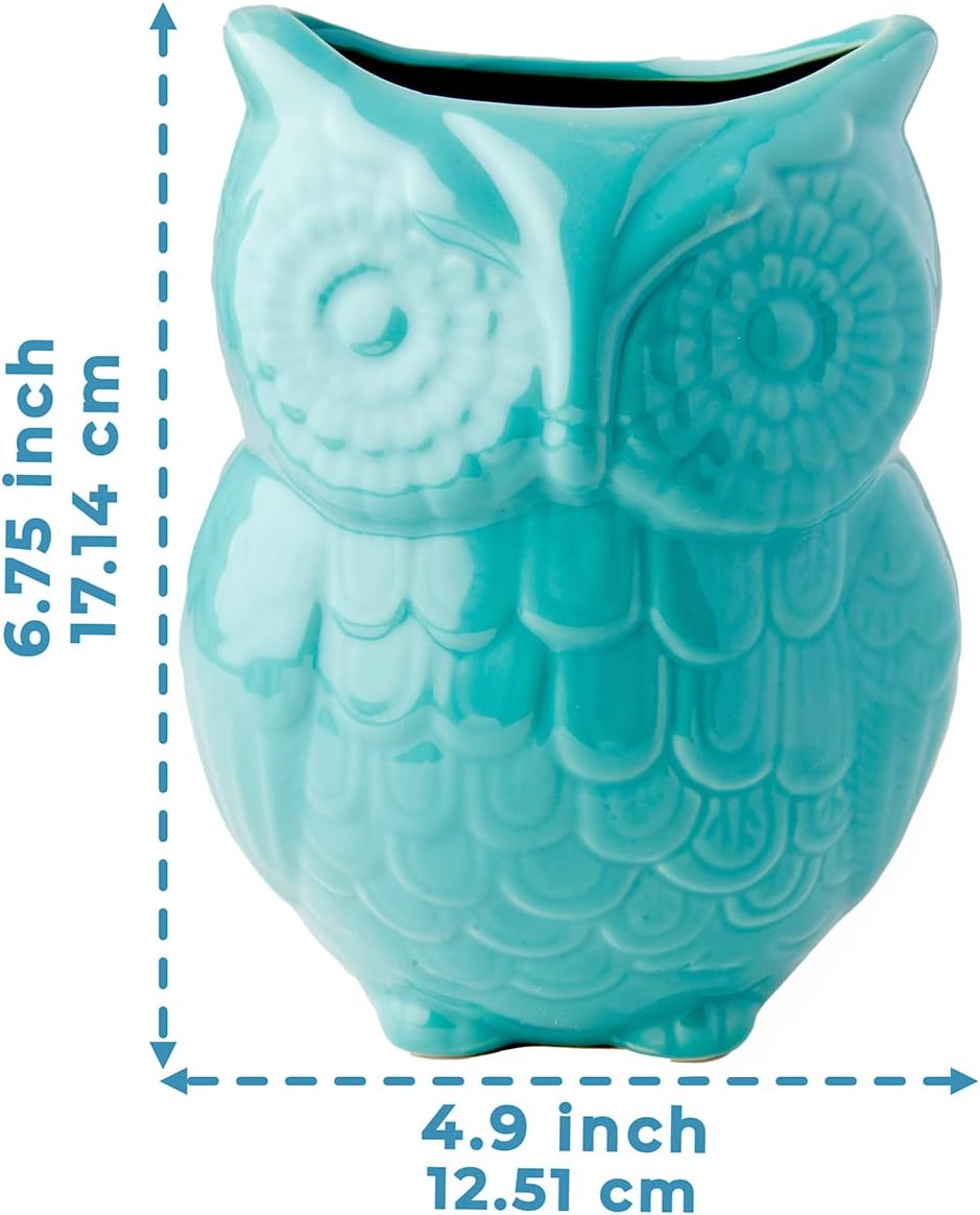 Comfify Owl Utensil Holder Decorative Ceramic Cookware Crock & Organizer, in Lovely Aqua Blue Color - Utensil Shaped Caddy and Perfect Kitchen Ceramic Decor Gift for Countertop - 5” x 7” x 4” Size