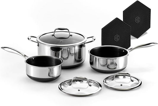 HexClad Hybrid Nonstick 6-Piece Pot Set with 2 Silicone Trivets, 2, 3, and 8-Quart Pots with Tempered Glass Lids, Stay-Cool Handles, Dishwasher-Friendly, Induction Ready, Compatible with All Cooktops