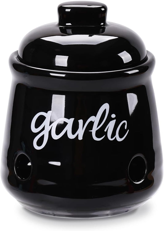 HAOTOP Garlic Keeper with Lid, Ceramic Mini Garlic Saver Container for Countertop, Farmhouse Kitchen Decor (Black)