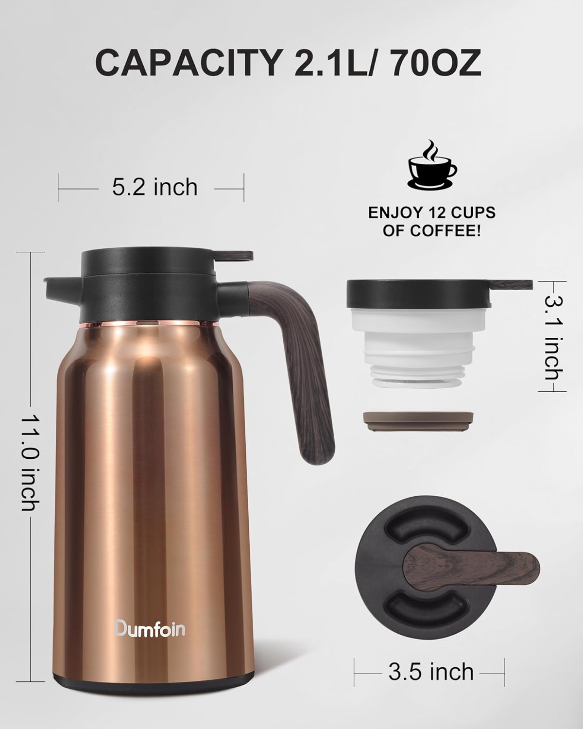 Carafes for Hot Liquids 70 oz - 12 Hour Hot Stainless Steel Thermal Coffee Carafe-Insulated Coffee Carafes For Keeping Hot/Cold Coffee, Tea, Water, Drink Dispenser for Parties(Gold)