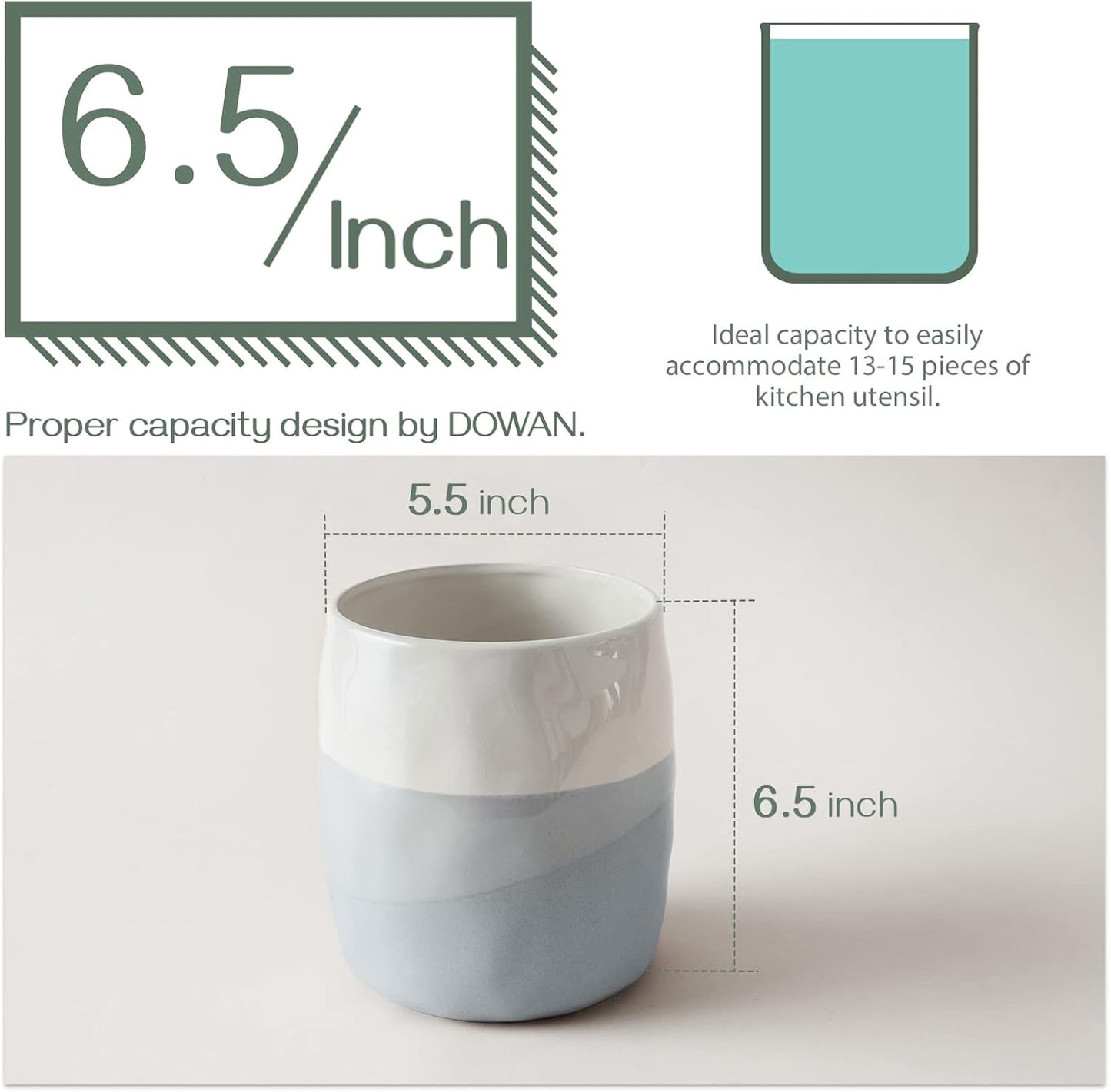 DOWAN Utensil Holder, 6.5″ Large Utensil Holder for Kitchen Counter, Ceramic Utensil Crock with Table-Protection Cork Mat, Utensil Organizer Caddy for Tongs, Spoons