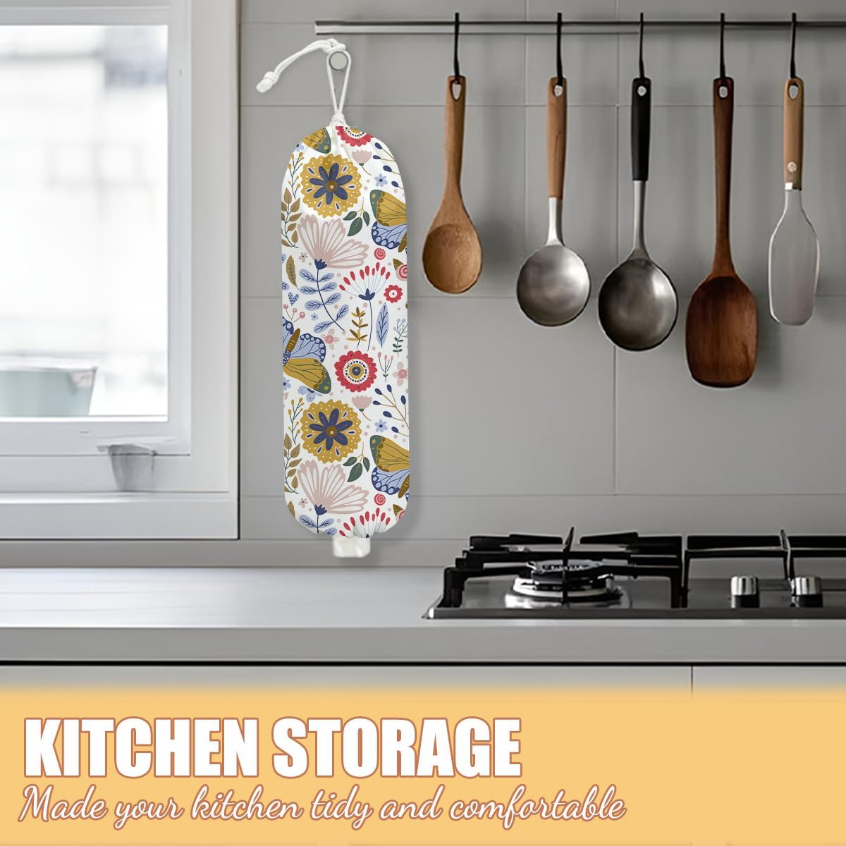 Butterfly Plastic Bag Holder, Wall Mount Grocery Bag Holder, Plastic Storage bag, Pull Rope Free Adjustment, Plastic Bag Holders for Grocery Bags, Plastic Bag Dispenser for Home Kitchen Office