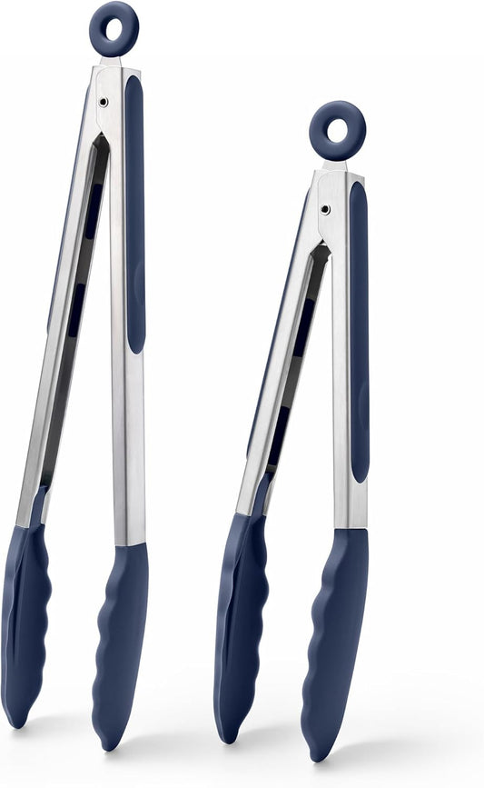 Doosu Kitchen Tongs for Cooking - 600°F Heat Resistant Food Tong Set with Non-Scratch Silicone Tips, Heavy Duty Stainless Steel Locking Tong for BBQ, Grilling Steak, Serving Salad (9+12in, Navy Blue)