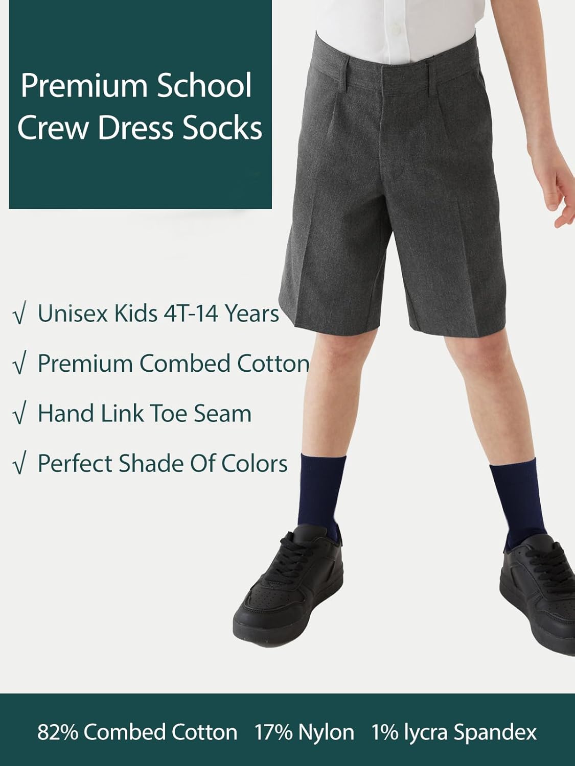 COTTON DAY Unisex Little Kids Youth Boys Girls Soft Cotton Crew Dress Socks Seamless Toe Black White Gray Navy 6 Pack