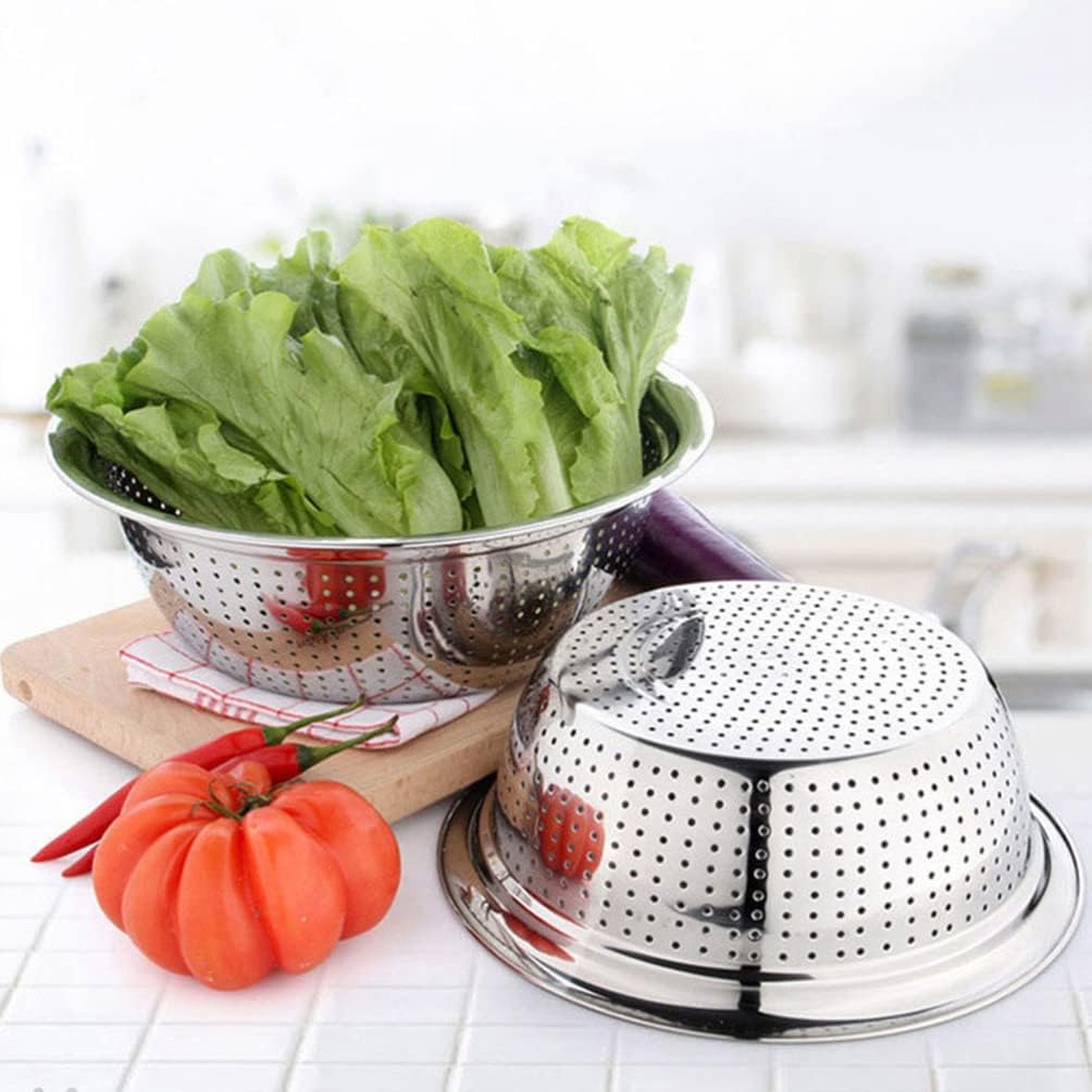 Hemoton Stainless Steel Rice Washer Bowl and Strainer Colander for Kitchen Use Multipurpose Fruit Vegetable Washing Basket 8.66 Inch Diameter