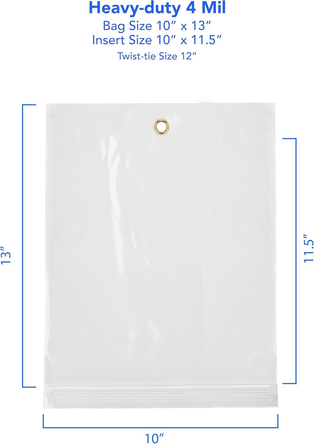 GPI - 10" x 13" Reclosable Zip Bags with Bottom Hang-hole & Pre-inserted 12" Twist-tie. 4 Mil Heavy-duty Resealable Zipper Baggy with Grommet/Metal Eyelet for Hanging (Insert Size 10x11.5) 100 Pack