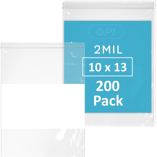 10" x 13" Large Zip Bags, 2 Mil Thick Clear Plastic Reclosable Zipper Lock Bags with Write-on White Block, with Resealable Zip Top Lock for Food Storage & Office Supplies, 200 Count