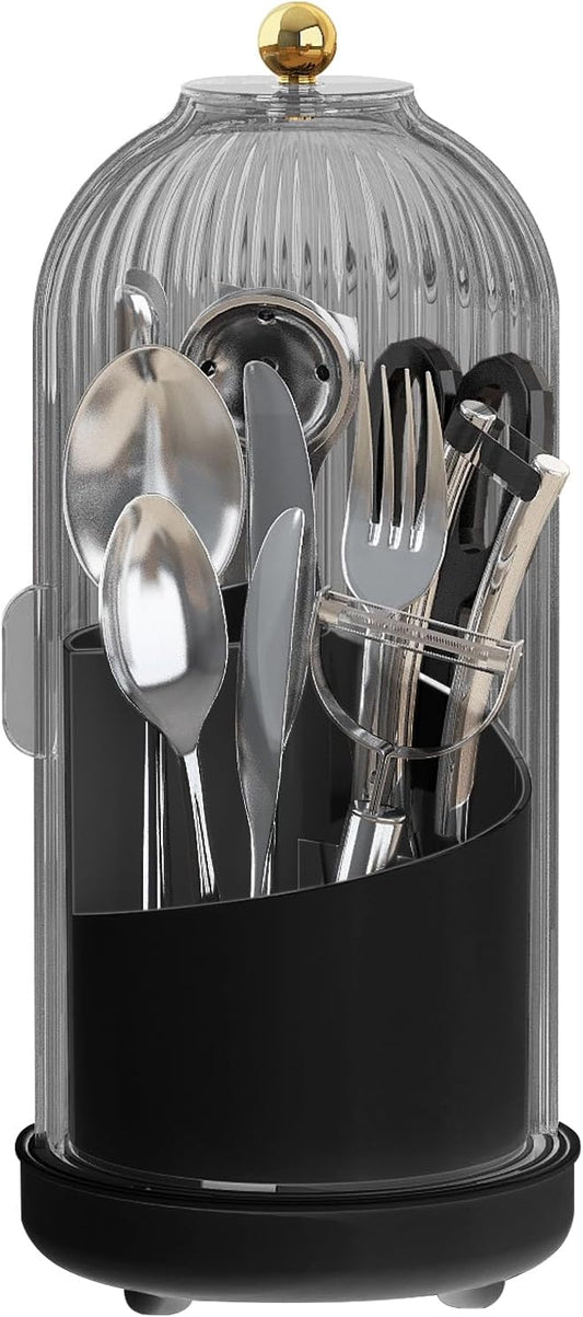 JEESA Utensil Holder with Lid, 360° Rotating Flatware Organizer for Cutlery Spoon Fork(H Less 8"), Silverware Caddy Organizer Drainage Dustproof Flatware Holder Kitchen Countertop Storage, Black