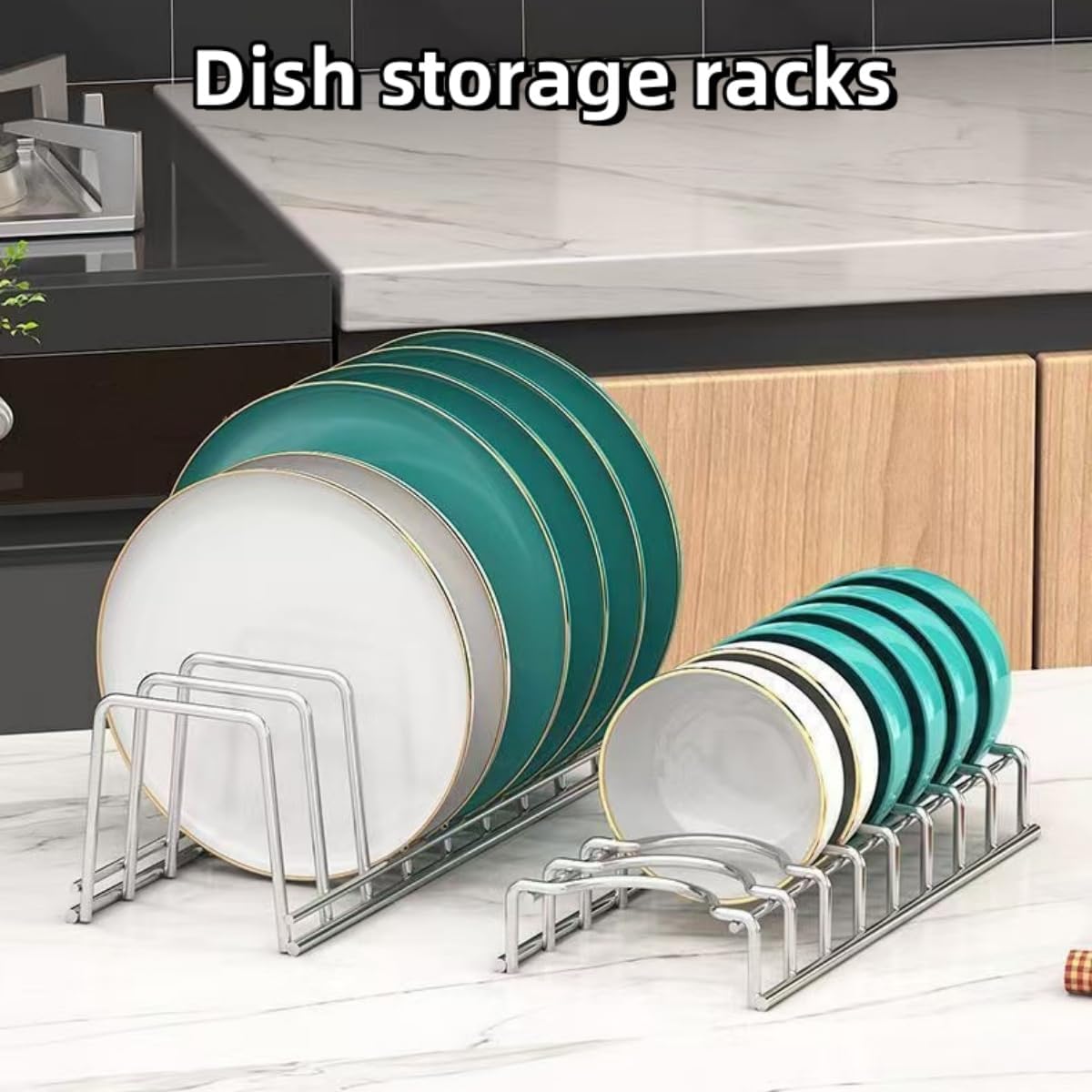 Dish Rack Plates Holder 2 Pack set, Plate organizer for cabinet space saver, Pan lid organizer, Kitchen Storage Cabinet Organizer for Plates/bowls/cups/lids/cutting boards/spatulas