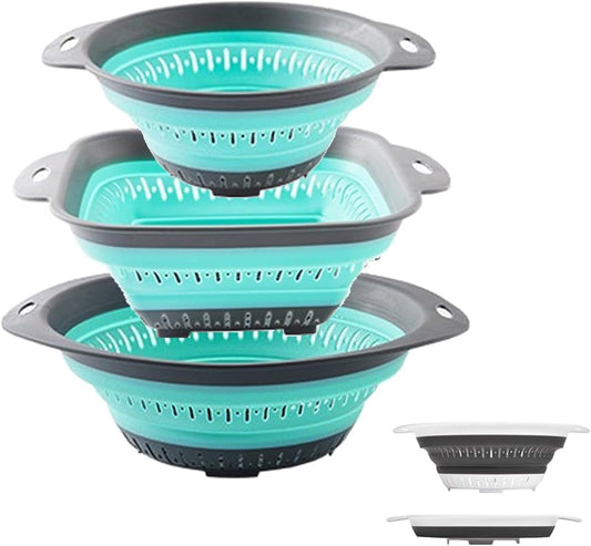 Collapsible Colander and Strainer,Silicone Strainer Colanders & Food Strainers,for Vegetable and Fruit, Kitchen Essentials (3, Green, 1.3L+2.1L+2.5L)