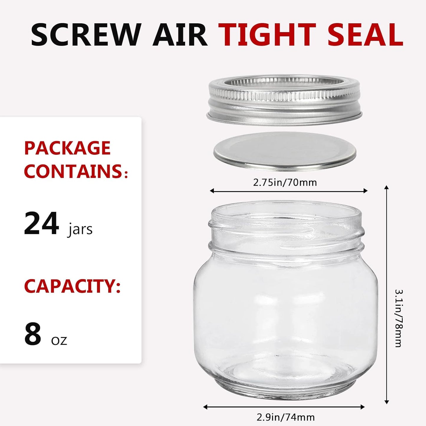 Betrome 8 oz Mason Jars, 24 Pack 240ml Glass Canning Jars with Regular Mouth Lids, Glass Storage Containers for Overnight Oats, Jam, Jelly, Honey, Beans, Spice, Wedding Party Favor, Shower Favor