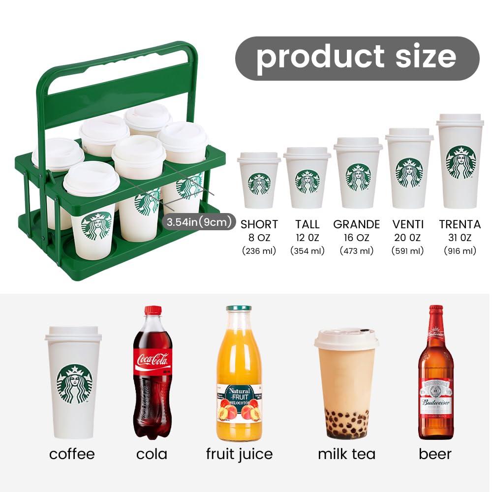 Bodaon 6 Cup Drink Carrier with Handle, Plastic Cup Holders for GrubHub/Doordash Delivery, Reusable Foldable Car Drink Caddy, Leakproof Food Delivery Accessories, 360° Secure Grip, Green