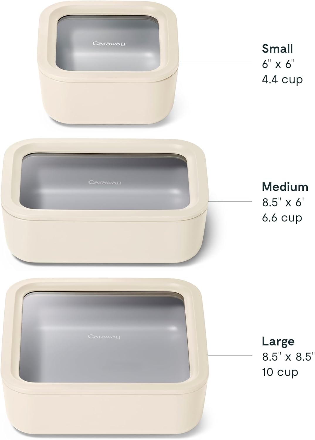 Caraway 3pc Glass Food Storage Set – 10 Cup, 6.6 Cup, & 4.4 Cup Food Containers - Ceramic Coated - Non Toxic Non Stick Lunch Box with Glass Lids - Dishwasher, Oven, & Microwave Safe - Cream