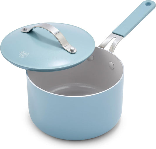 GreenLife 2 Quart Nonstick Saucepan with Lid, Lightweight Healthy PFAS-Free Milk Pan, Dishwasher & Oven Safe Soup Pan, Durable Body, Silicone Stay-Cool Handle, Easy Release Chef’s Pan, Blue Haze