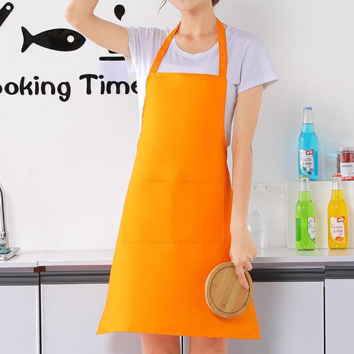 Bringsine 4 Pack Bib Chef Apron - Unisex Aprons with 2 Pockets,Machine Washable Aprons for Men and Women,Kitchen Resistant Cooking BBQ Aprons Bulk(Orange)
