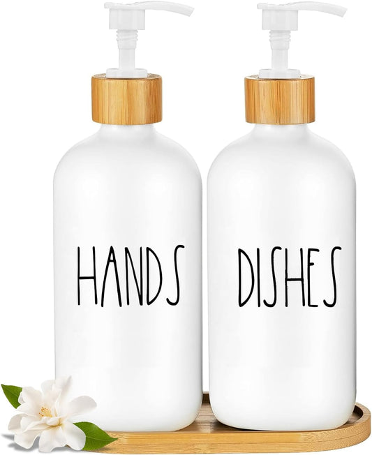 Arktek Glass Soap Dispenser Set with Tray, 2 Pack Hand and Dish Soap Dispenser Set for Bathroom and Kitchen Bottle Dispenser with Dish Soap, Hand Soap, Lotion 17 Oz (2 White)